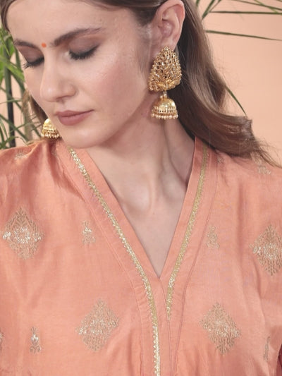 Peach Self Design Chanderi Silk Straight Kurta With Salwar & Dupatta