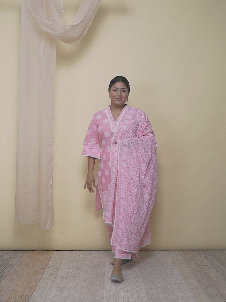  Plus Size Pink Printed Cotton Straight Kurta With Sharara & Dupatta 