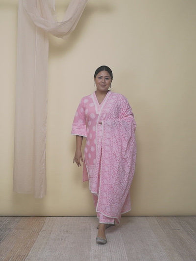 Plus Size Pink Printed Cotton Straight Kurta With Sharara & Dupatta