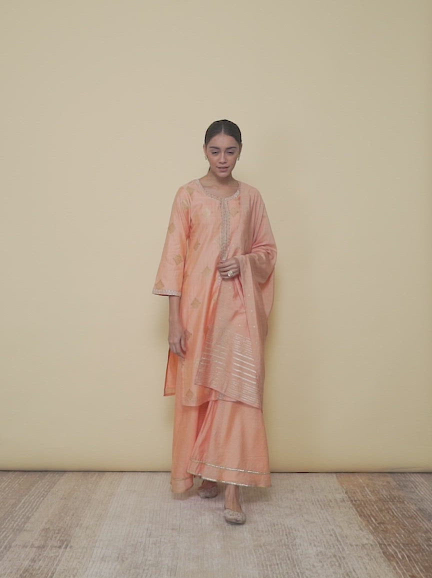  Peach Self Design Silk Straight Kurta With Palazzos & Dupatta 
