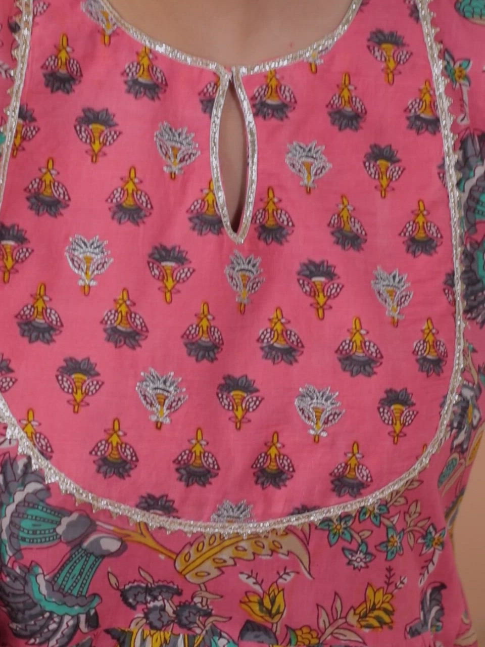  Pink Printed Cotton Anarkali Kurta With Palazzos & Dupatta 