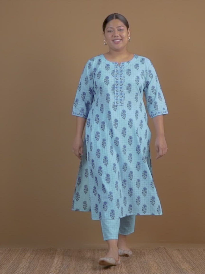 Plus Size Blue Printed Cotton Straight Kurta With Trousers