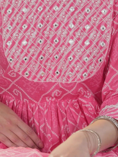 Pink Printed Cotton Anarkali Kurta With Dupatta