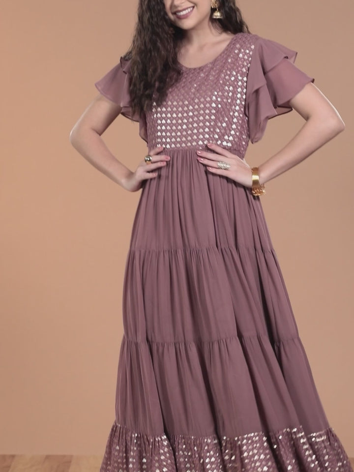 Pink Embellished Georgette Fit and Flare Dress