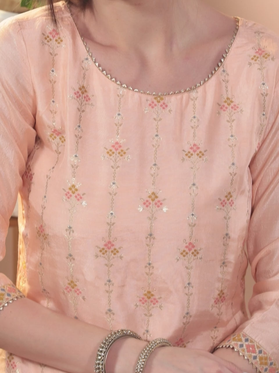  Pink Woven Design Silk Straight Kurta With Dupatta 