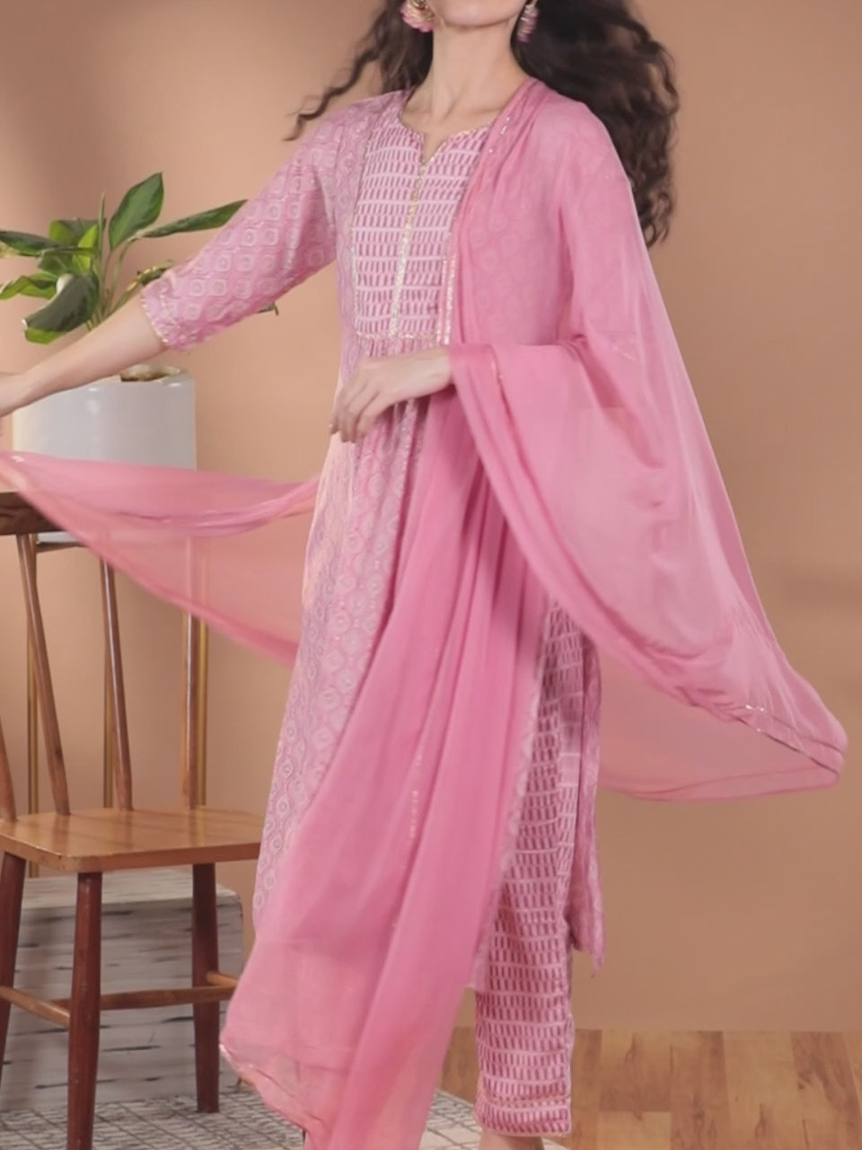  Pink Yoke Design Silk Blend Straight Kurta With Dupatta 