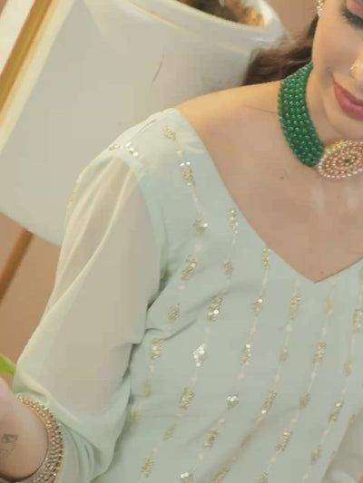 Sea Green Embroidered Georgette A-Line Kurta With Sharara & Dupatta