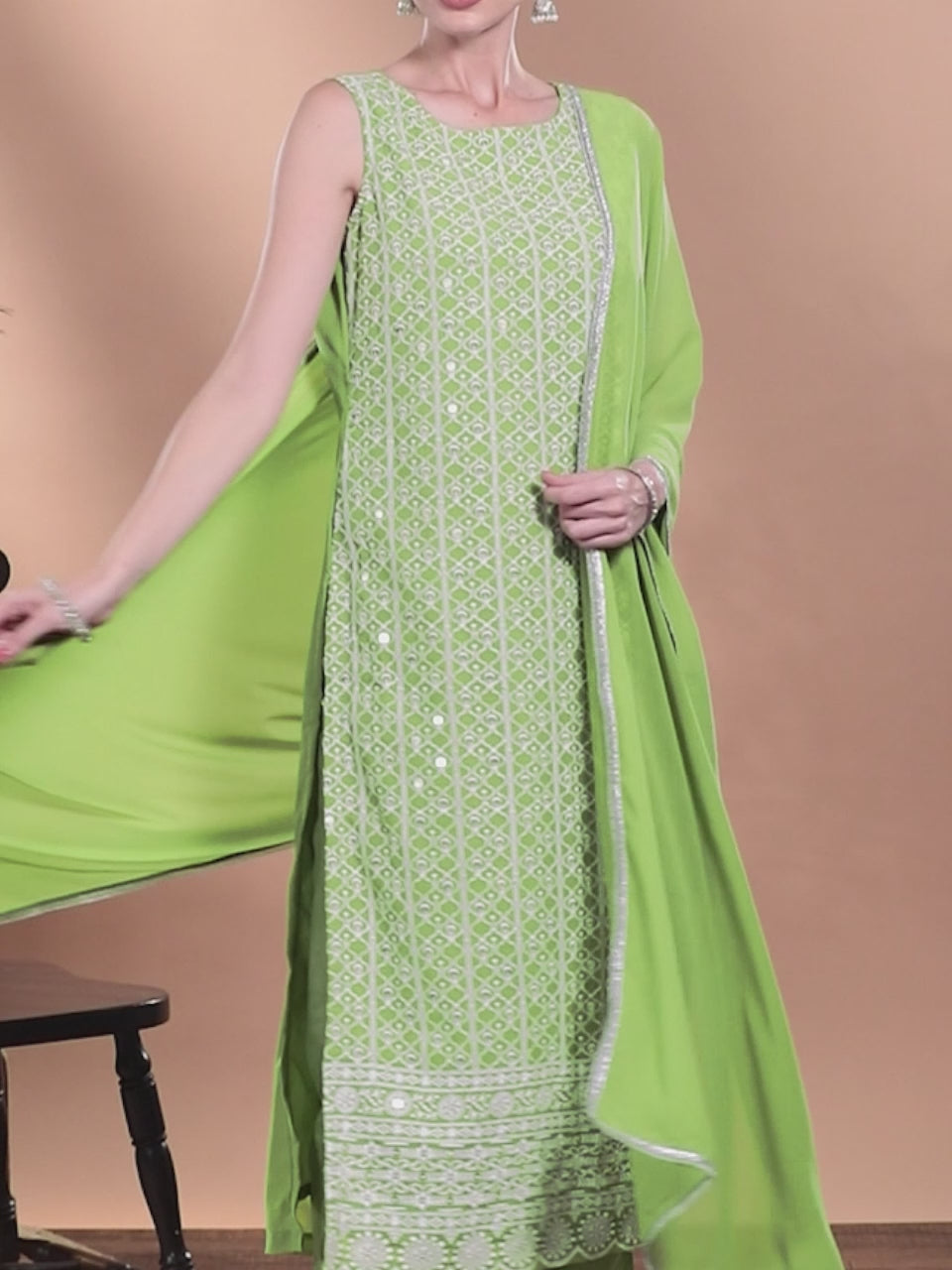  Green Embroidered Georgette Straight Kurta With Dupatta 