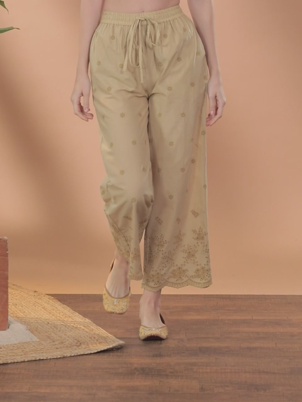  Beige Self Design Cotton Palazzos 