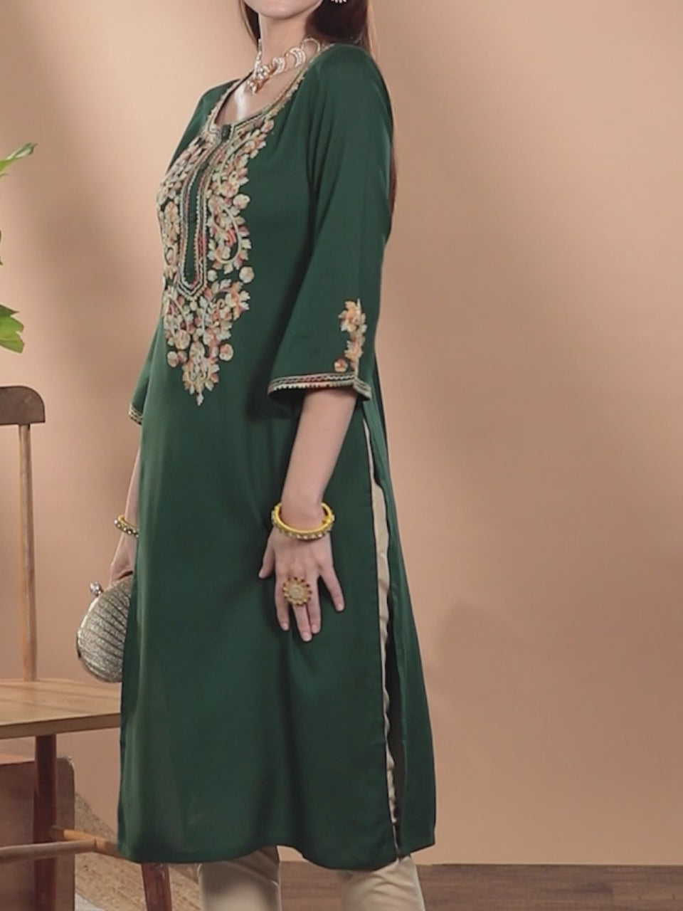 Green Embroidered Rayon Kurta