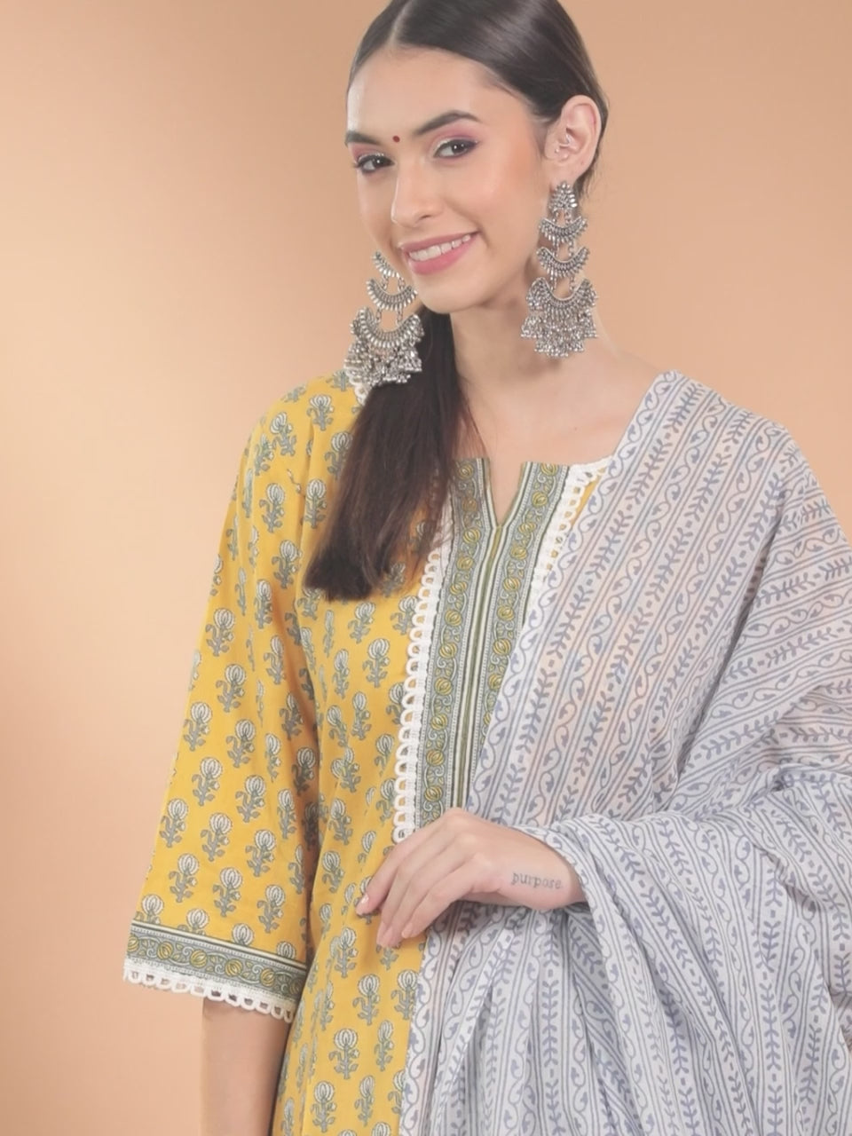 Yellow Printed Cotton Straight Kurta With Palazzos & Dupatta