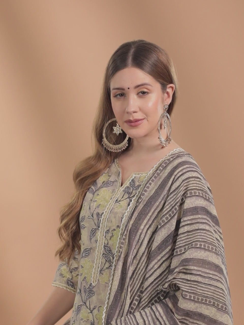  Taupe Printed Cotton Straight Kurta With Salwar & Dupatta 
