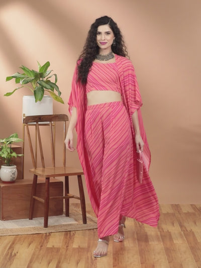 Pink Striped Georgette Top With Palazzos & Shrug