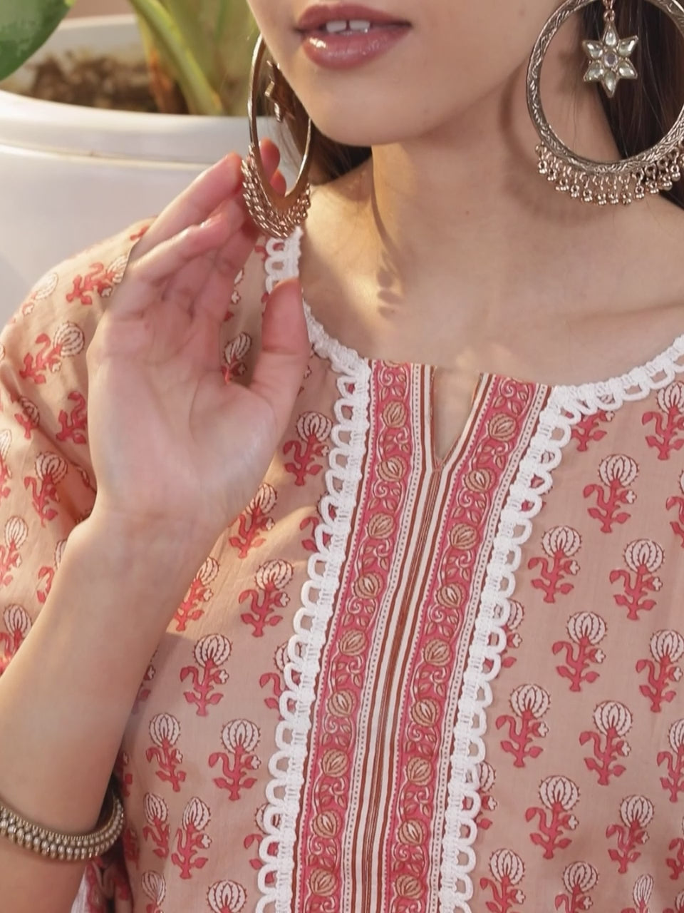  Peach Printed Cotton Straight Kurta With Palazzos & Dupatta 