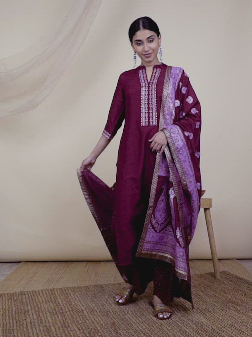 Purple Solid Silk Straight Kurta With Palazzos & Dupatta