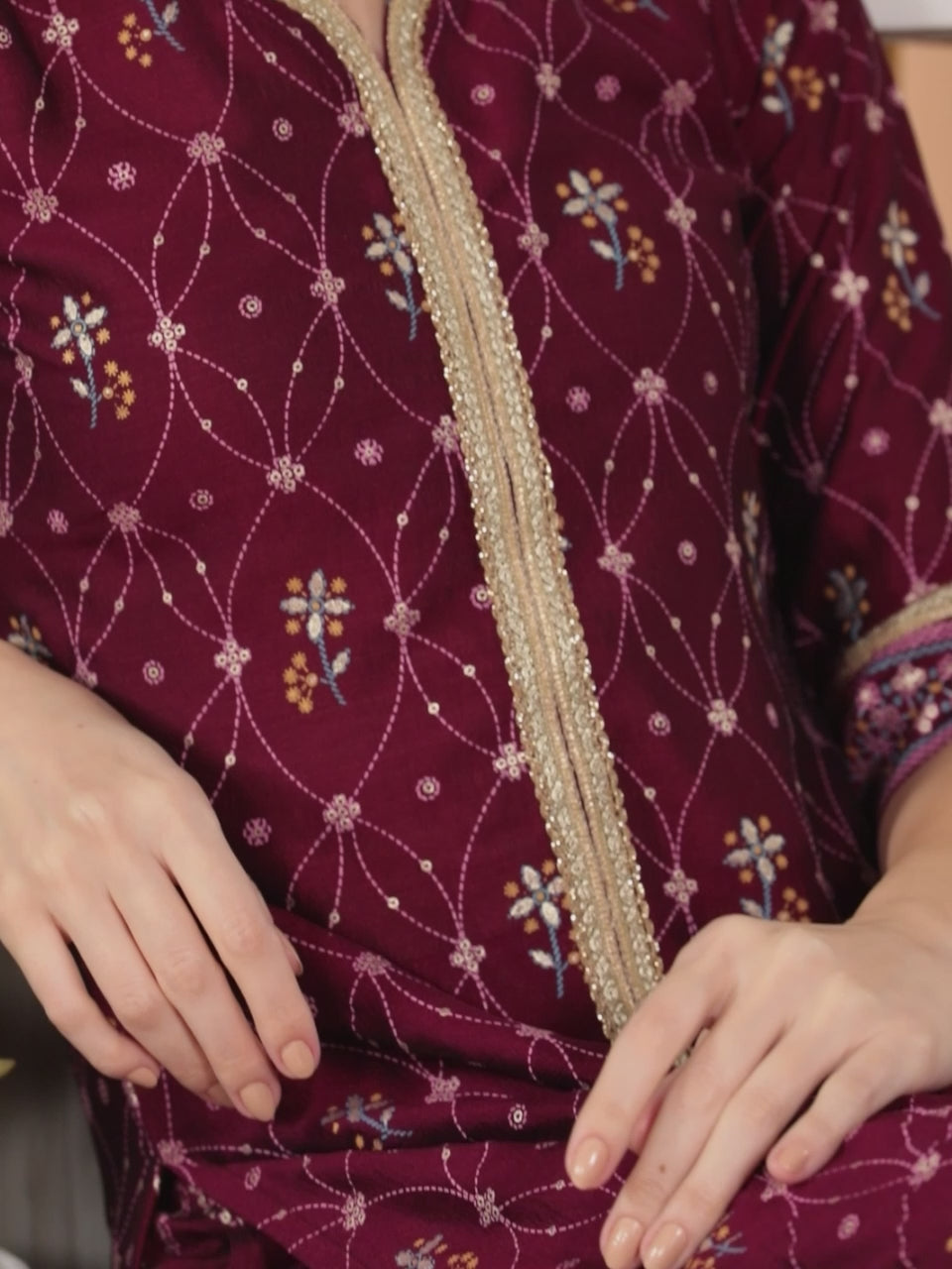  Purple Printed Silk Blend Straight Kurta With Palazzos & Dupatta 