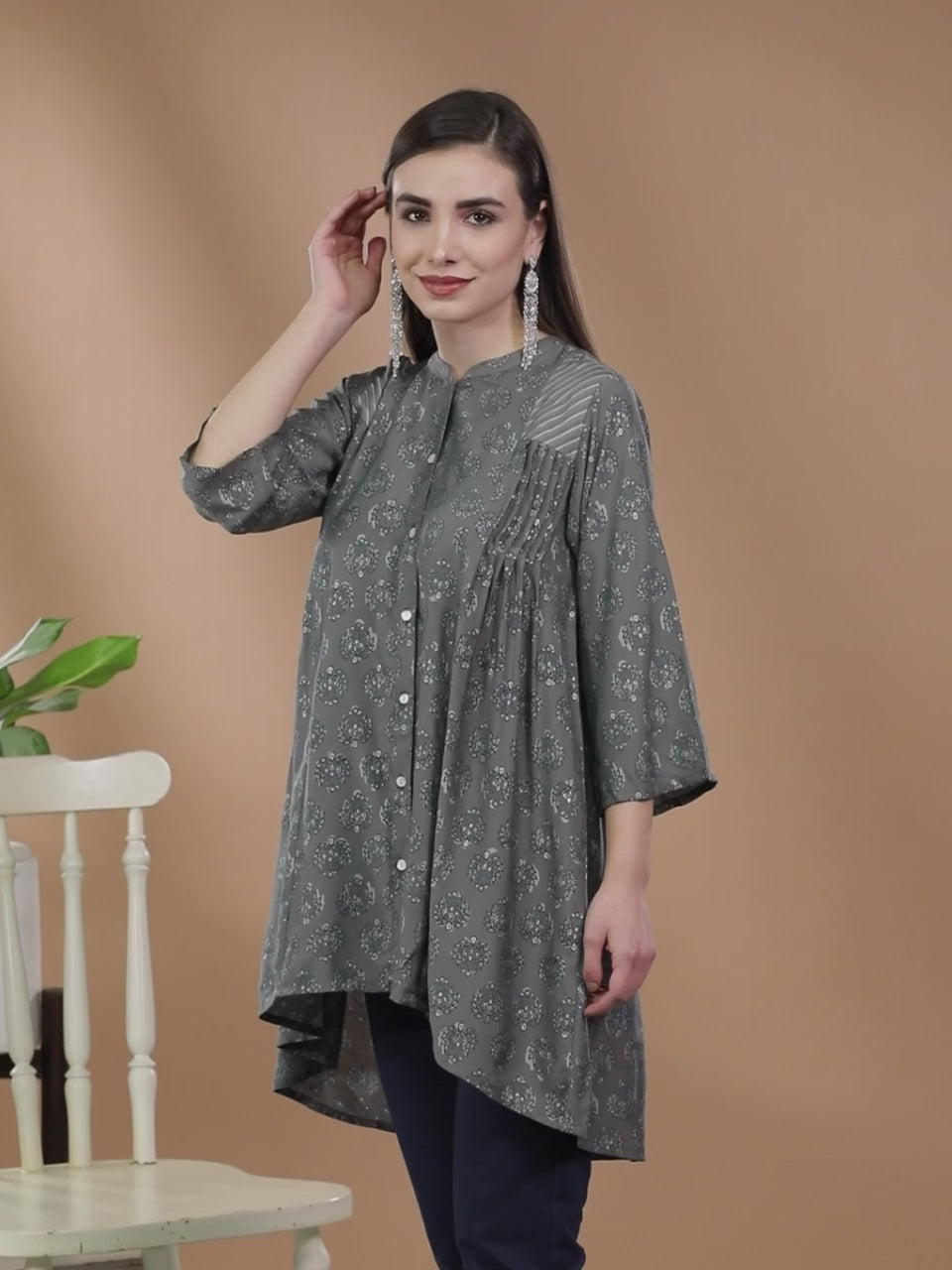  Grey Printed Silk Blend Kurti 