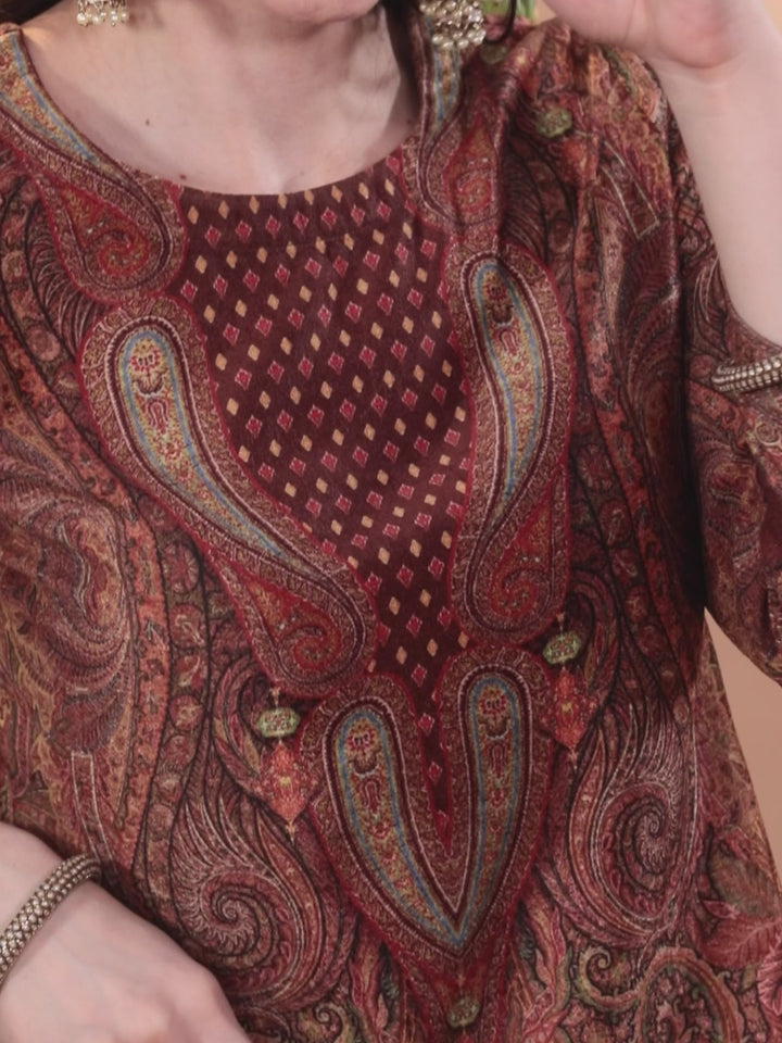 Brown Printed Velvet Straight Kurta