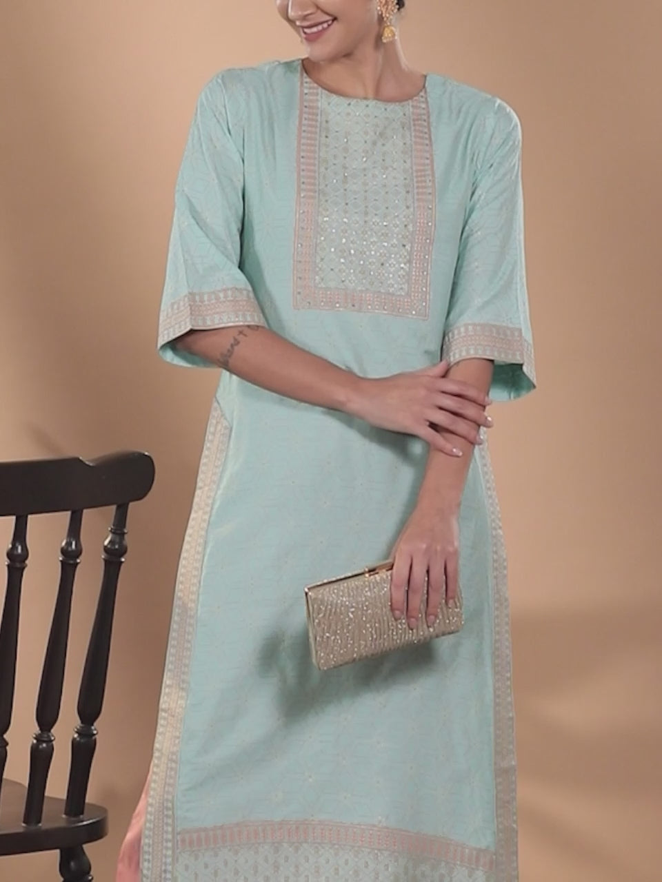  Blue Yoke Design Chanderi Silk Kurta 