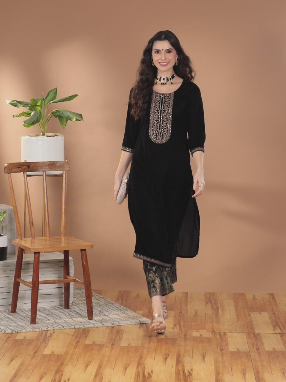  Black Yoke Design Velvet Straight Kurta With Trousers 