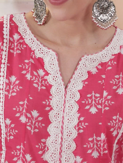 Pink Printed Cotton A-Line Kurta With Palazzos & Dupatta