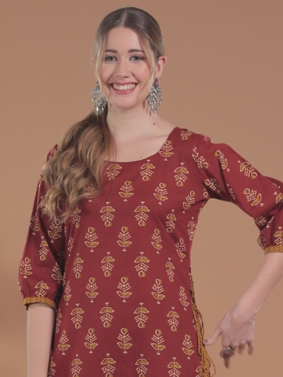  Rust Printed Cotton Straight Kurta With Trousers 