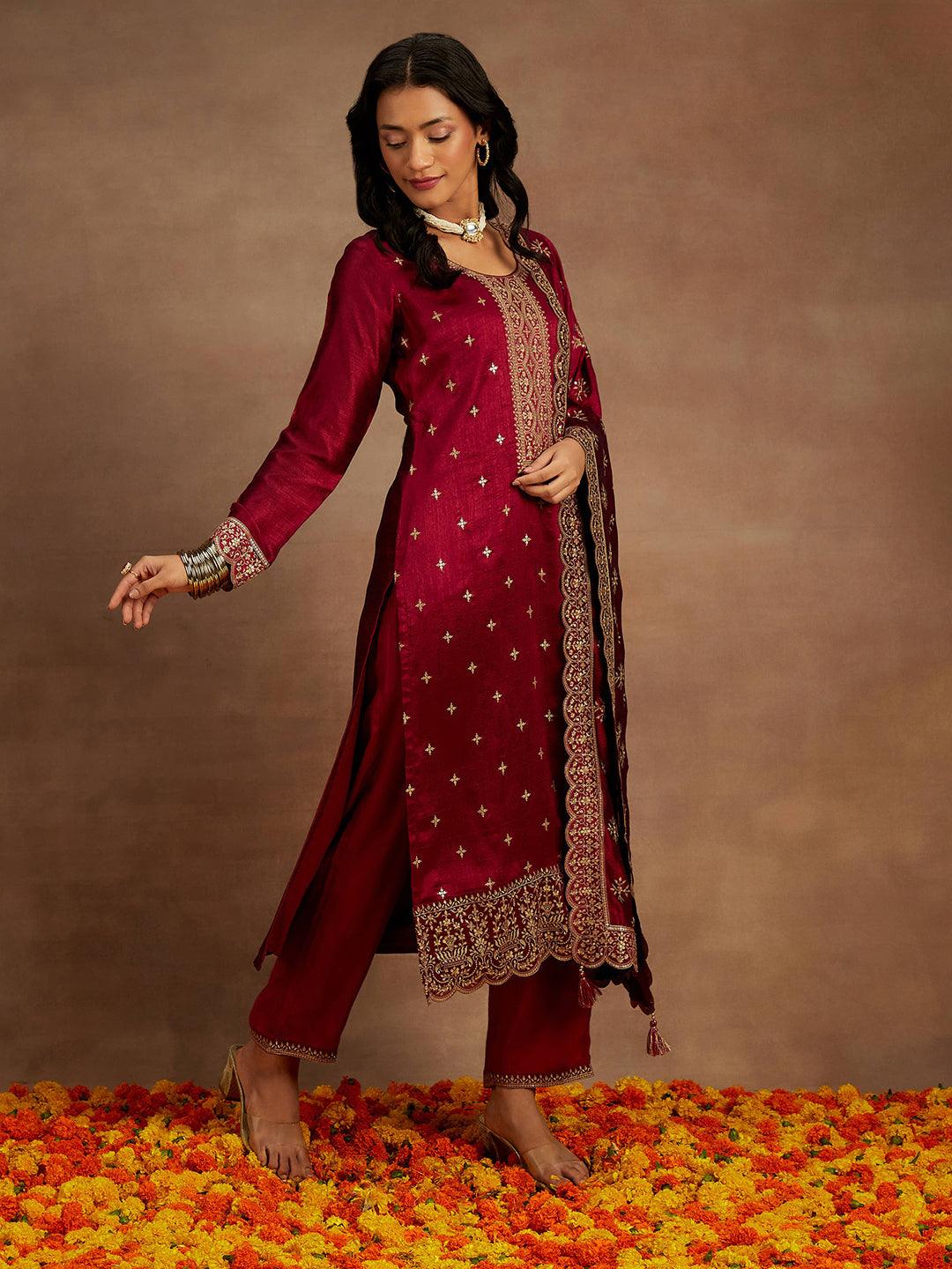 Fuchsia Embroidered Silk Blend Pakistani Suit