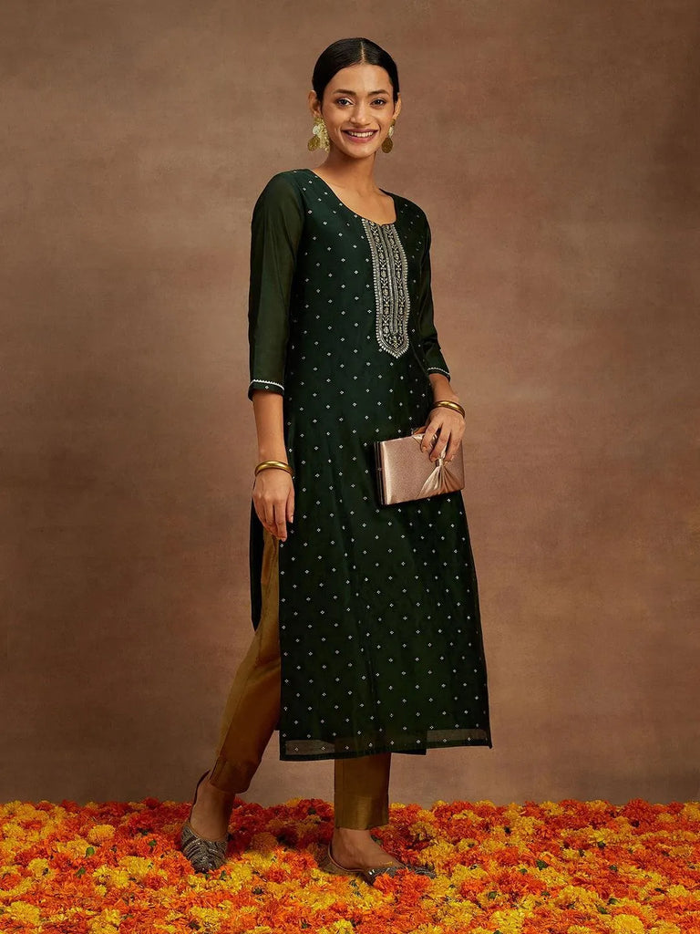 Libas Green Chanderi Silk Woven Design Kurta