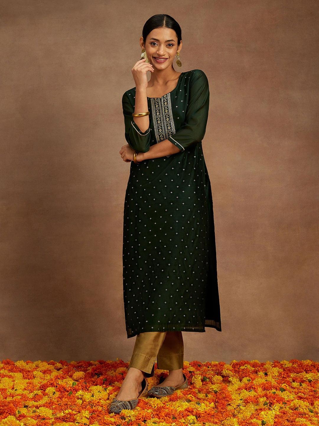 Green Chanderi Silk Woven Design Kurta