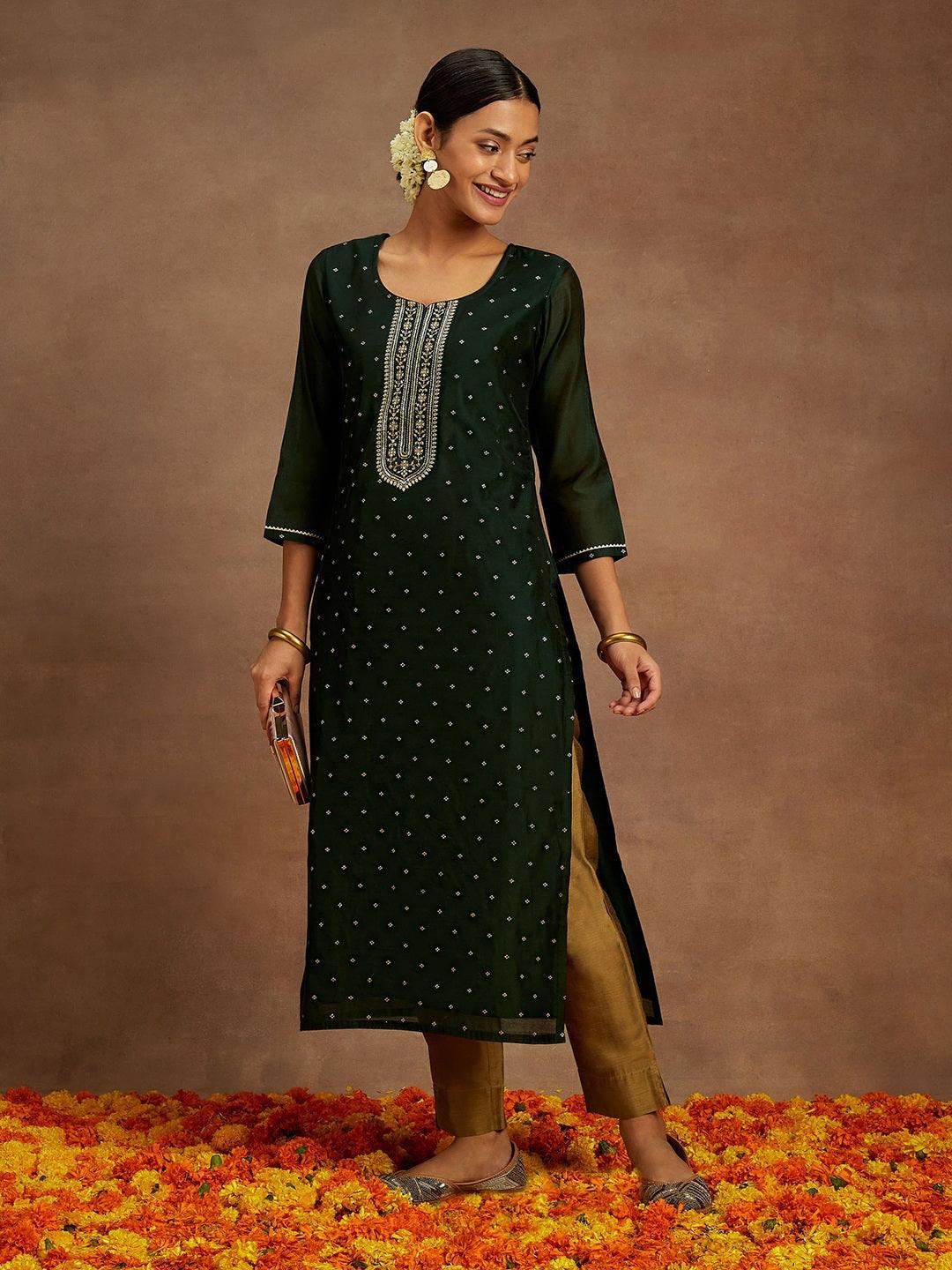 Green Chanderi Silk Woven Design Kurta