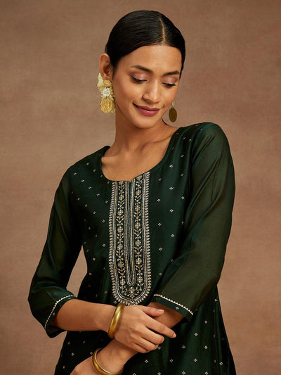 Green Chanderi Silk Woven Design Kurta - Libas