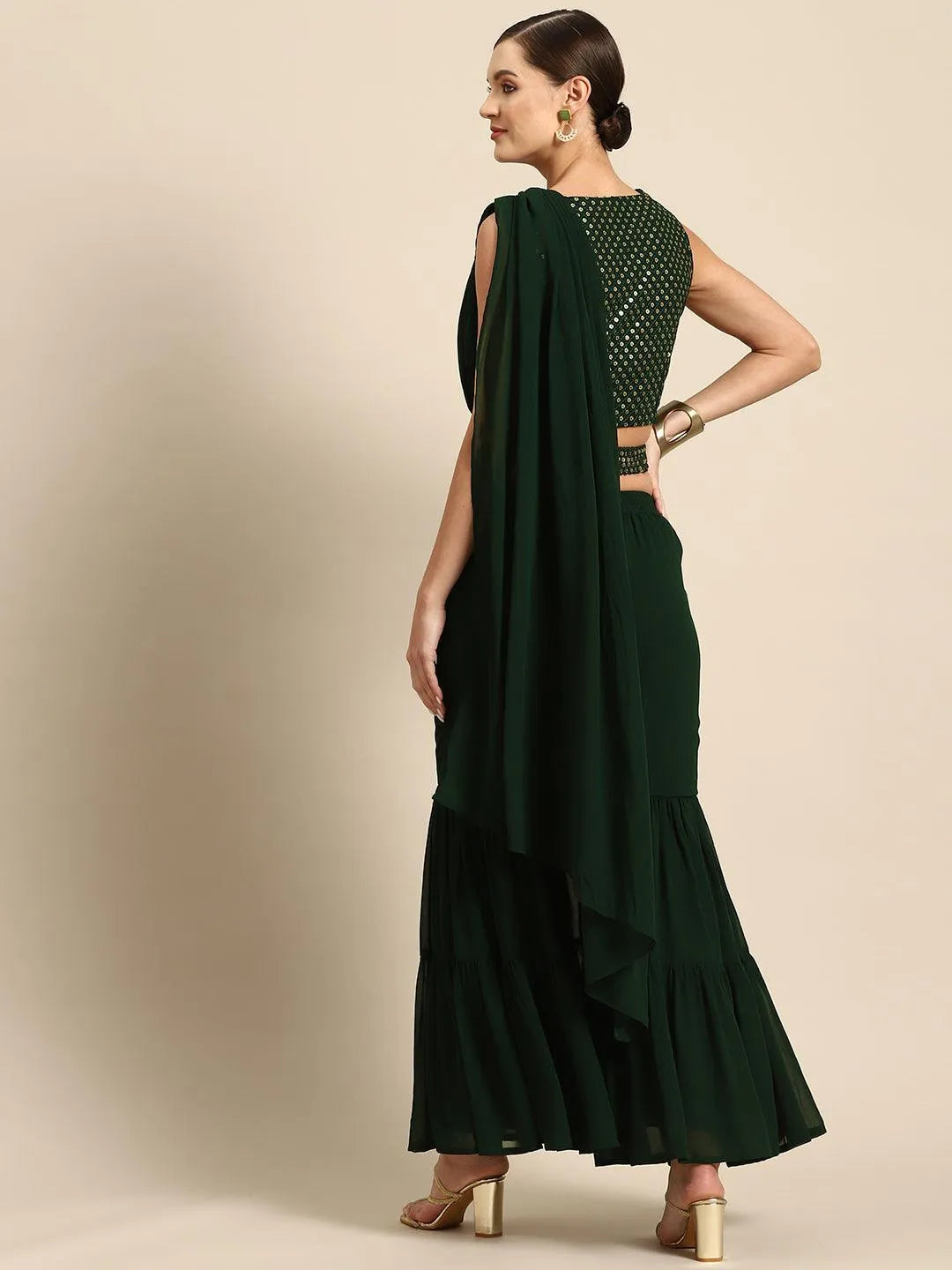 Green Embellished Georgette Ready to Wear Saree - Libas