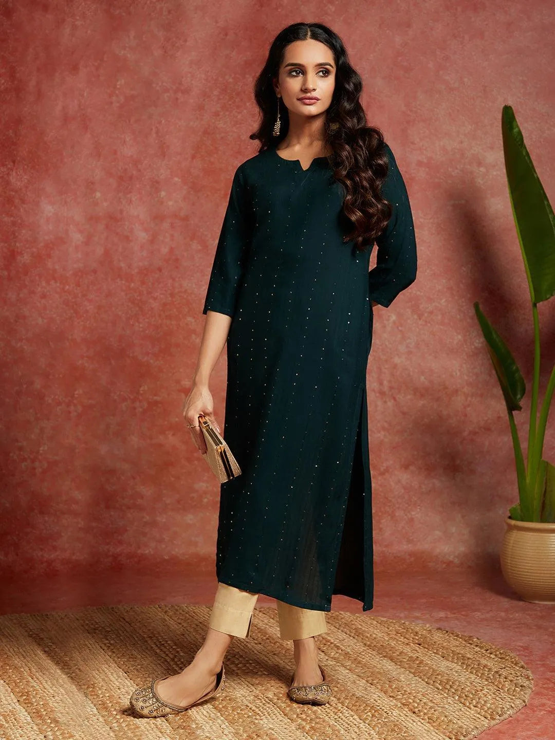 Green Embellished Rayon Straight Kurta - Libas