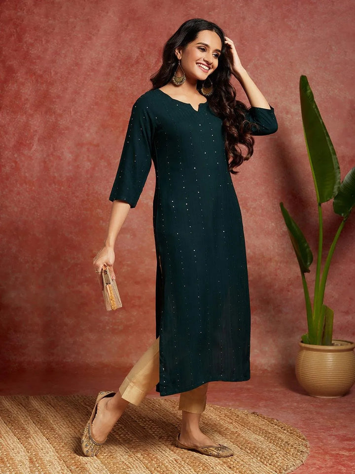 Green Embellished Rayon Straight Kurta - Libas