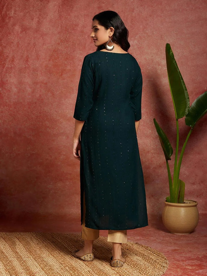 Green Embellished Rayon Straight Kurta - Libas
