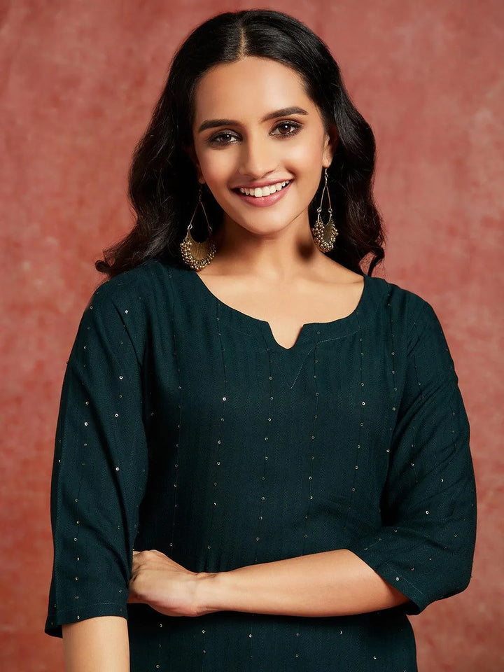 Green Embellished Rayon Straight Kurta - Libas