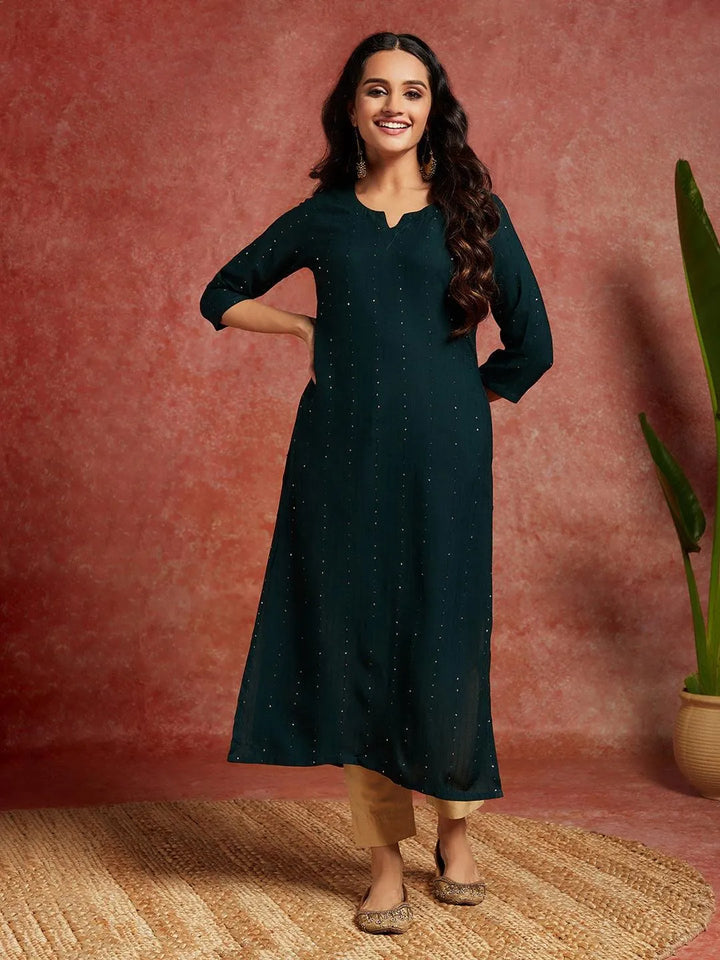 Green Embellished Rayon Straight Kurta - Libas
