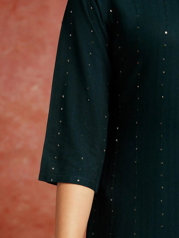 Green Embellished Rayon Straight Kurta - Libas