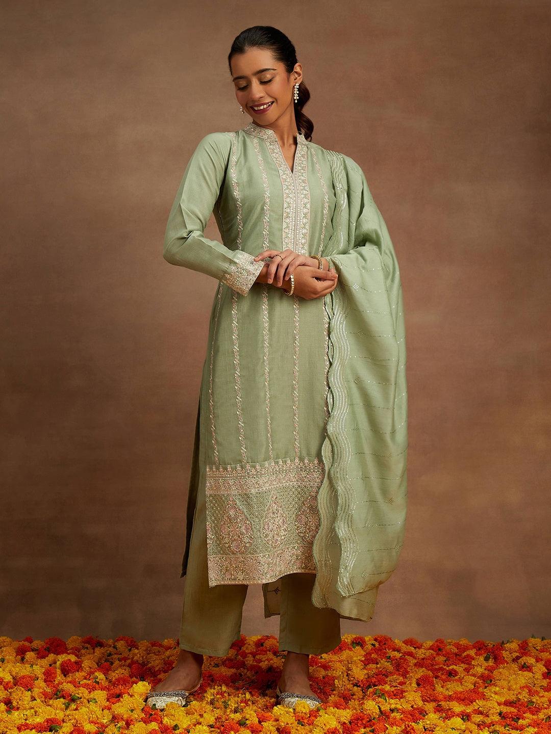 Green Embroidered Silk Straight Suit With Dupatta