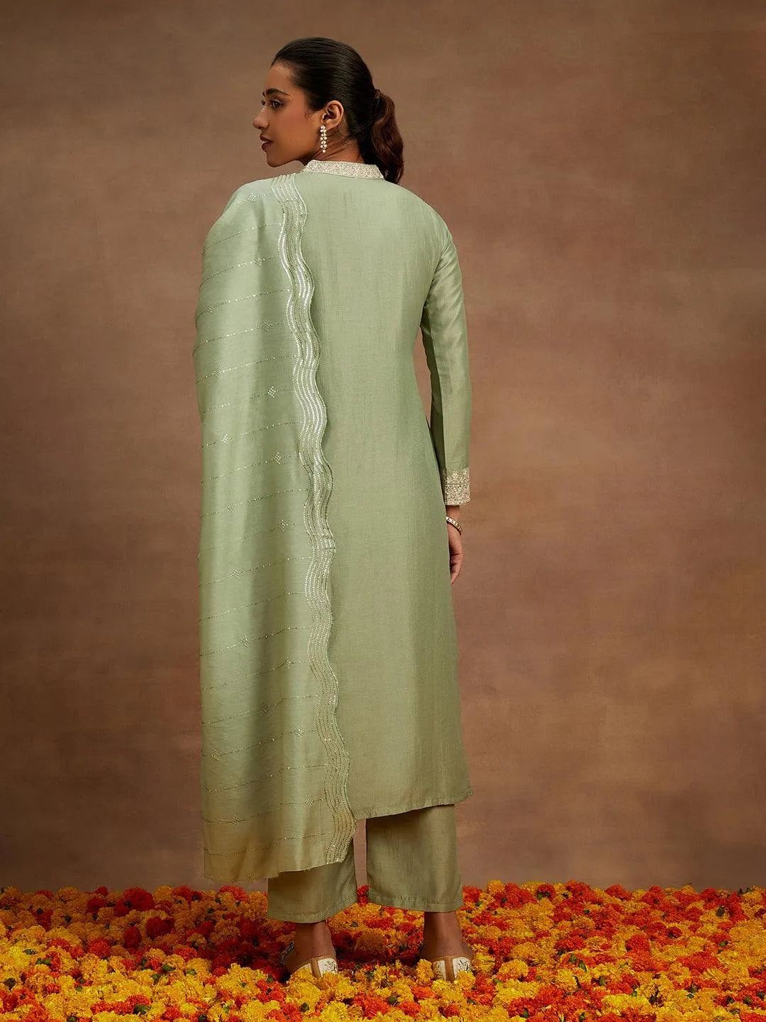 Green Embroidered Silk Straight Kurta With Trousers & Dupatta - Libas