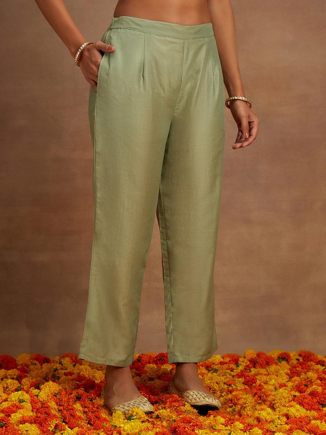 Green Embroidered Silk Straight Kurta With Trousers & Dupatta - Libas