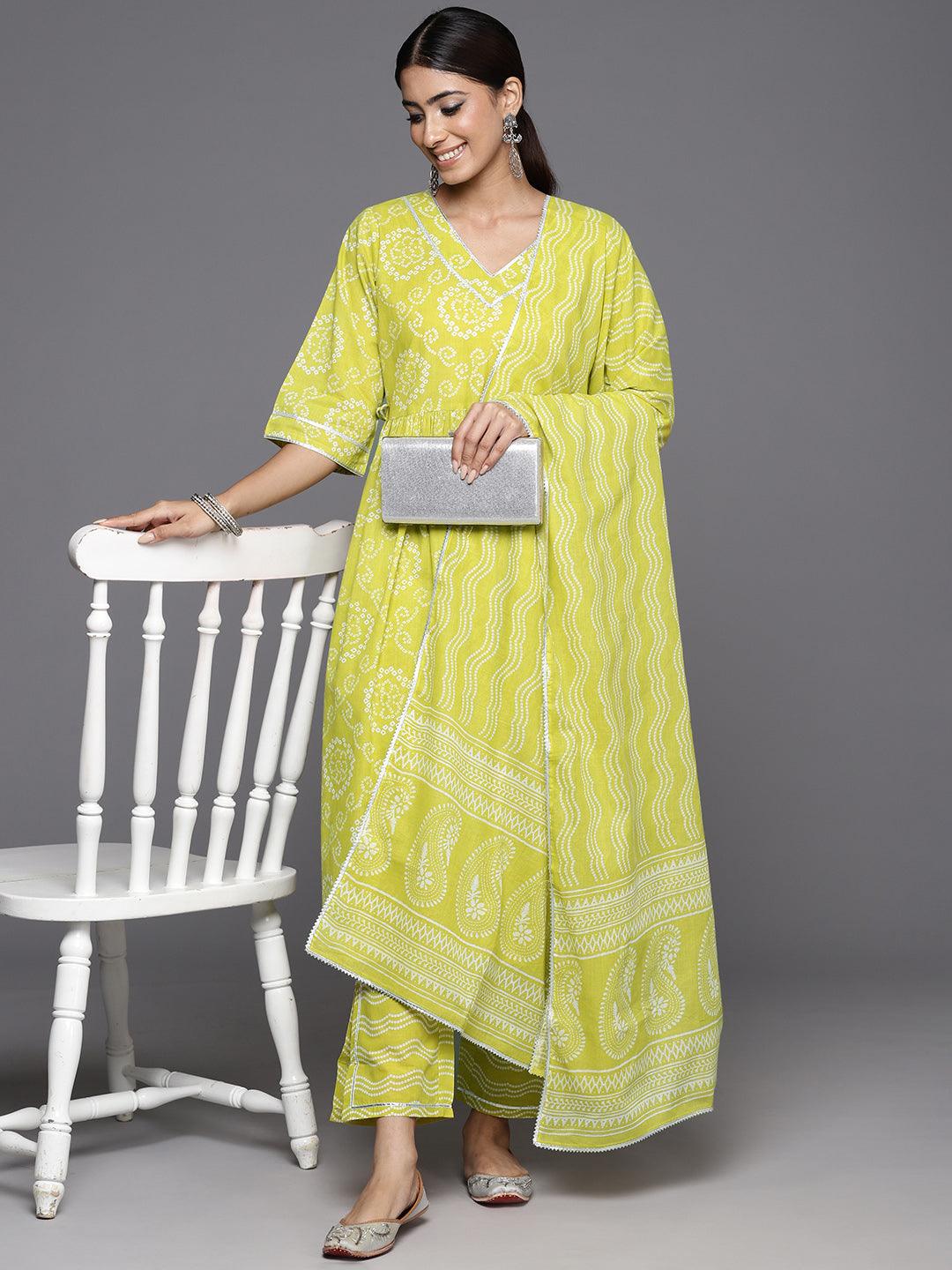 Green Printed Cotton A-Line Kurta With Trousers & Dupatta