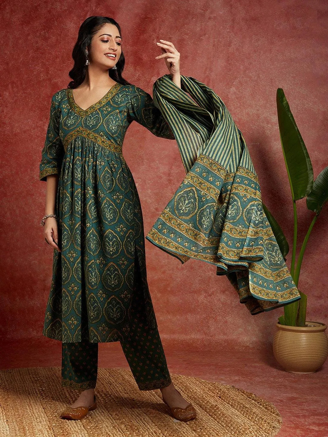 Green Printed Cotton A-Line Kurta With Trousers & Dupatta - Libas