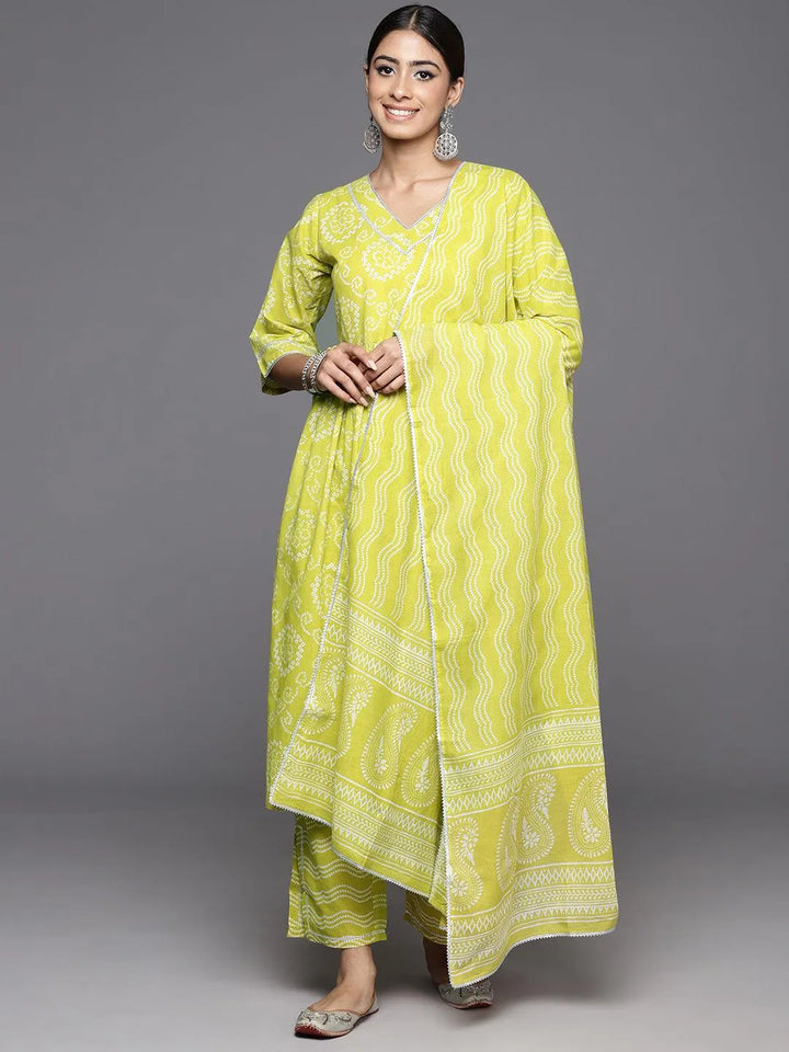 Green Printed Cotton A-Line Kurta With Trousers & Dupatta - Libas