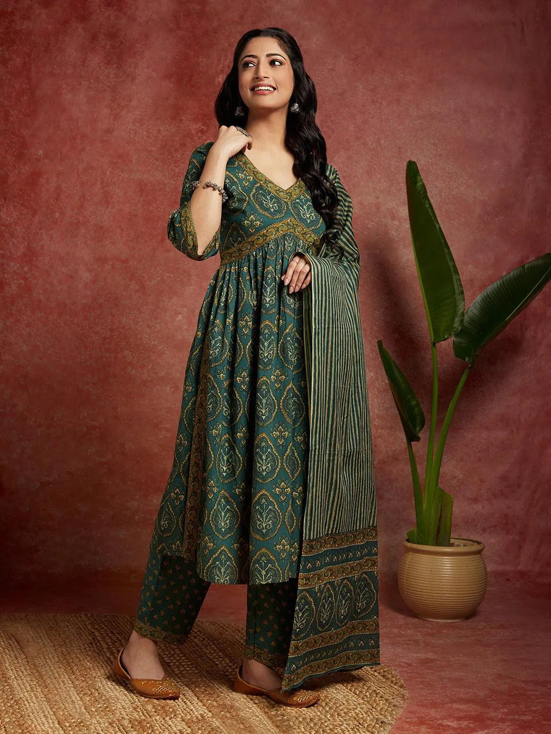 Green Printed Cotton A-Line Kurta With Trousers & Dupatta - Libas 