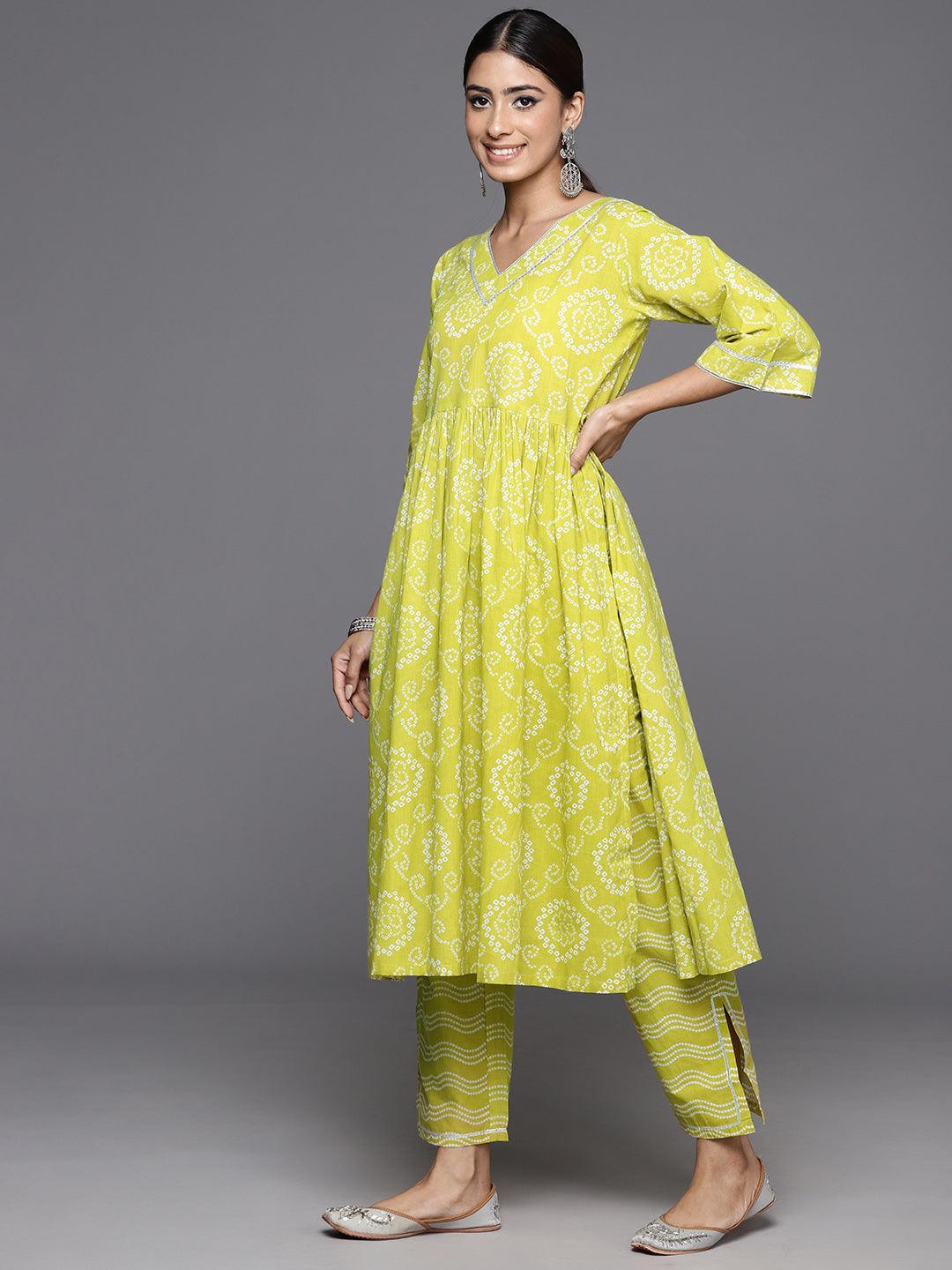 Green Printed Cotton A-Line Kurta With Trousers & Dupatta