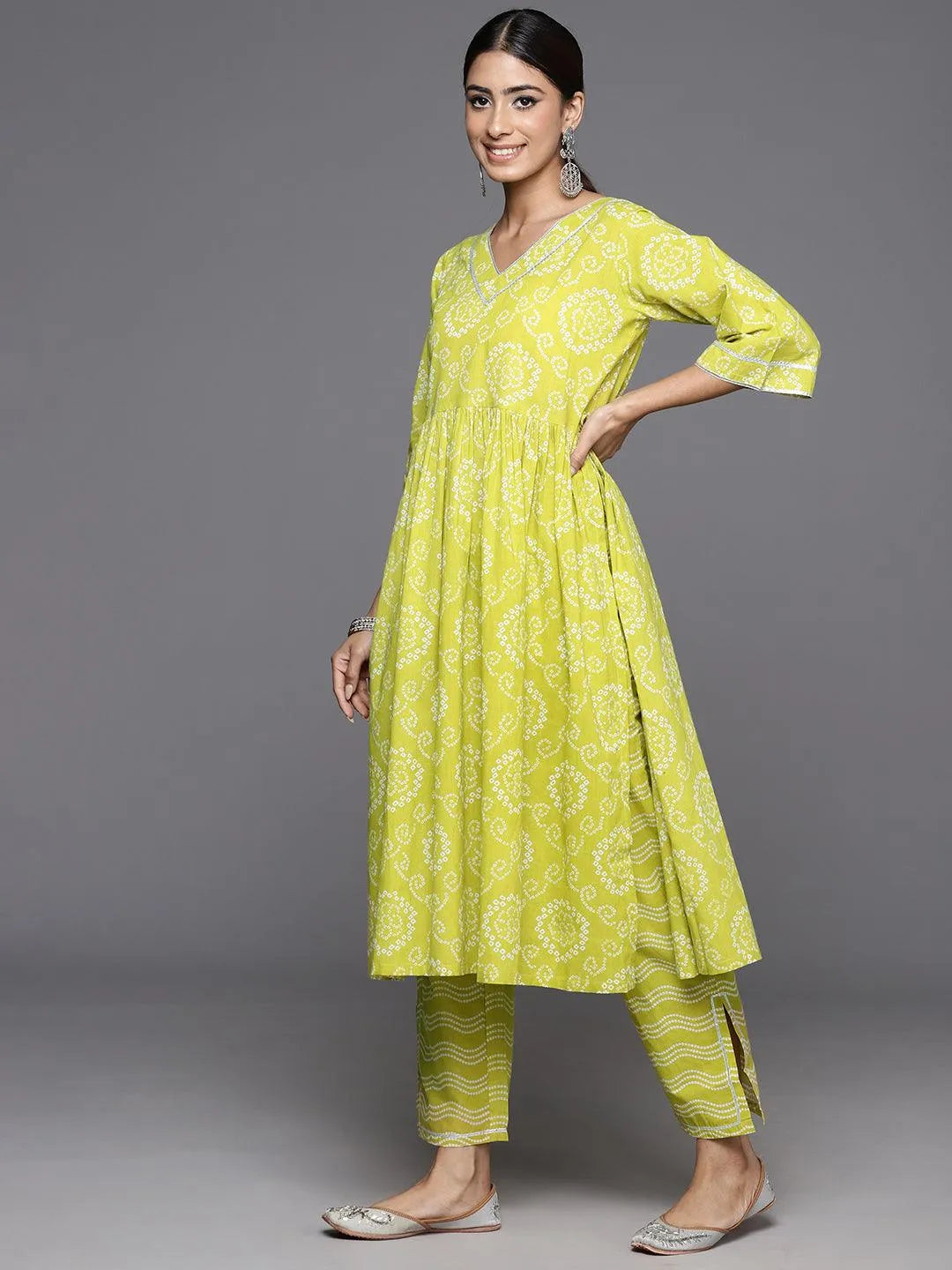 Green Printed Cotton A-Line Kurta With Trousers & Dupatta - Libas 