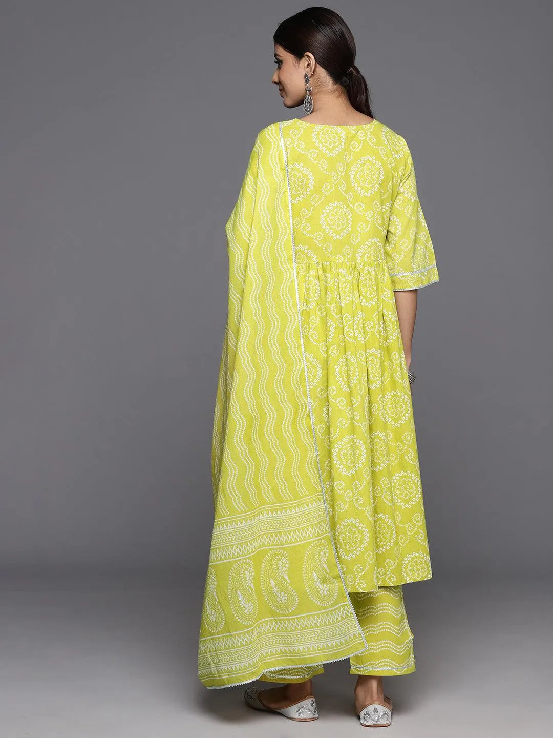 Green Printed Cotton A-Line Kurta With Trousers & Dupatta - Libas