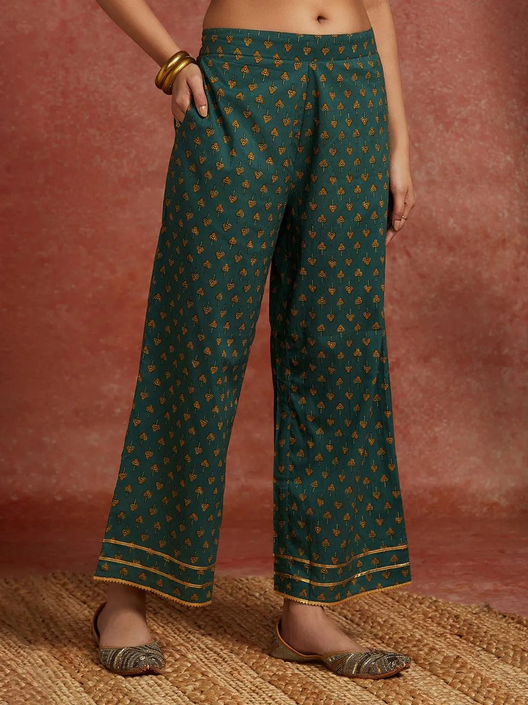 Green Printed Cotton Straight Kurta With Palazzos & Dupatta - Libas 
