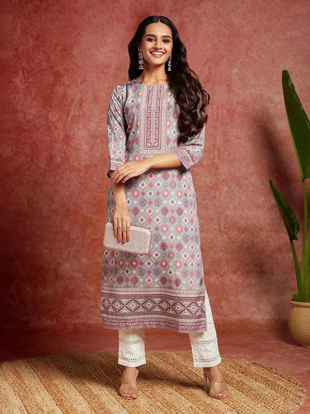 Green Printed Crepe Straight Kurta - Libas 